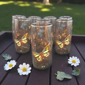 Anchor Hocking Smokey Brown Vintage Butterfly Design Glass Tumblers - Set of 8